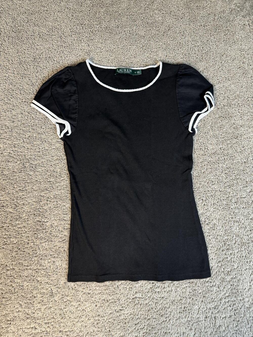 Lauren Ralph Lauren Shirt Womens M Black Ringer Puff Sleeve Slim Cotton
